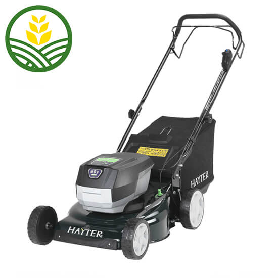 Hayter push along mower with a dark green metal deck, 4 wheels and black grass collector bag.