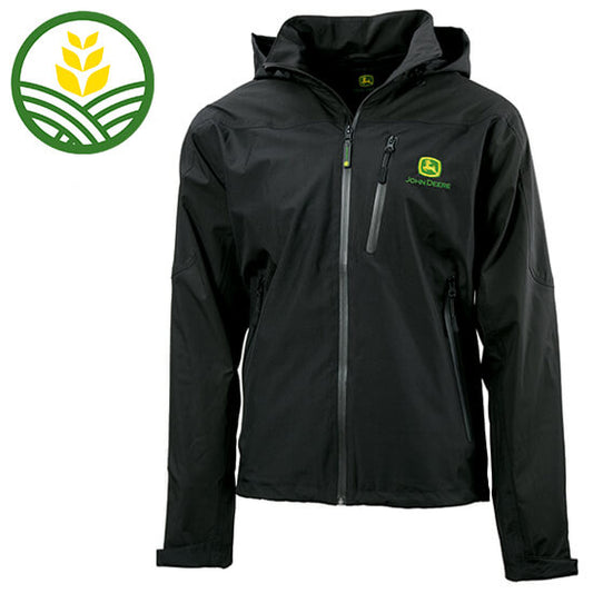 John Deere black all weather jacket with hood, two side pockets and chest pockets , Velcro cuffs and logo on left chest.