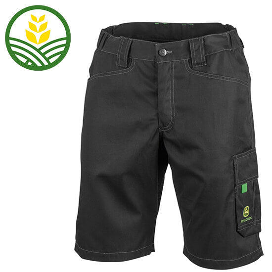 Black John Deere work shorts with two side pockets, two back pockets, 1 side pocket with velcro, 1 mobile pocket, outside side pocket. ruler pocket. and belt loops.