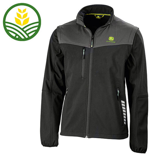 A John Deere softshell jacket with zip-off arms, chest pocket with zipper, two side pockets and reflective details.