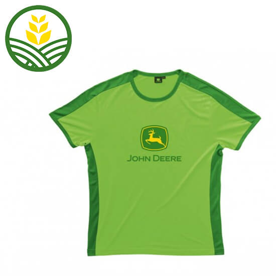 Bright green t-shirt with the John Deere logo on the front. Dark green side and shoulder panels. 