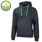 Hooded sweartshirt in anthracite melange with tractor tracks on the front and John Deere logo on end of sleeve.