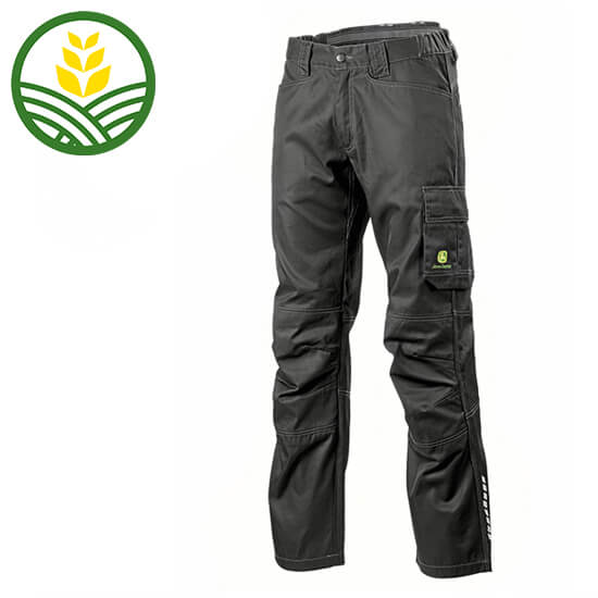John Deere work trousers with side and pen pocket. Back pockets. Ruler pocket and mobile pouch. Elastic in waist. Elastic in crotch and upper back logo small on side pocket.