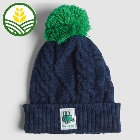 Kids Navy Bobble Hat with green bobble and tractor ted logo embroidered on the rim.