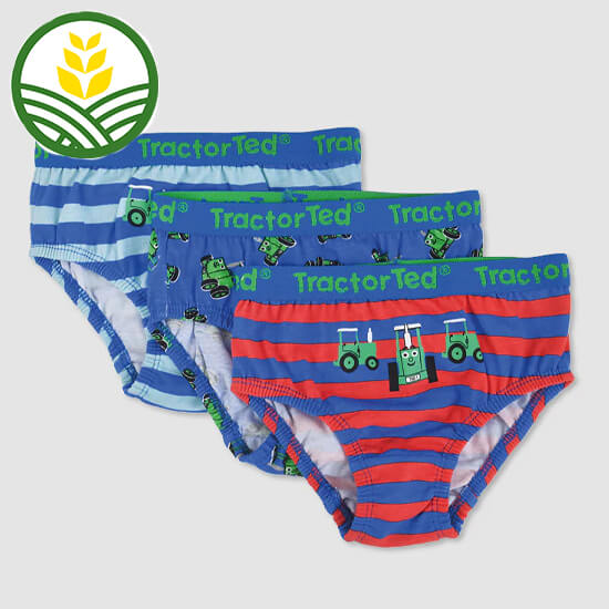 Three kids underpants with Tractor Ted patterns