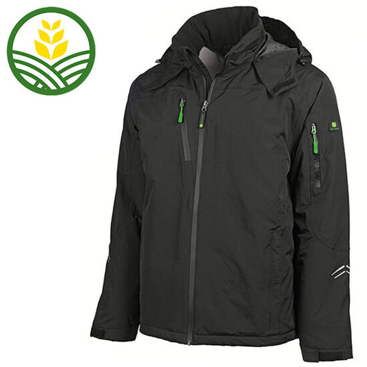 Black John Deere waterproof jacket with hood, various pockets and the logo small and on the sleeve.