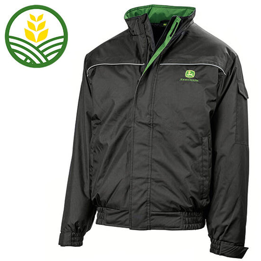 Black winter John Deere jacket, side pockets, mobile pocket on the arm, reflective strip, elasticated cuffs and logo on left chest.