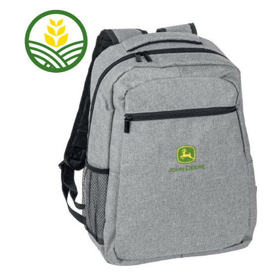A grey backpack embroidered with the John Deere logo. 