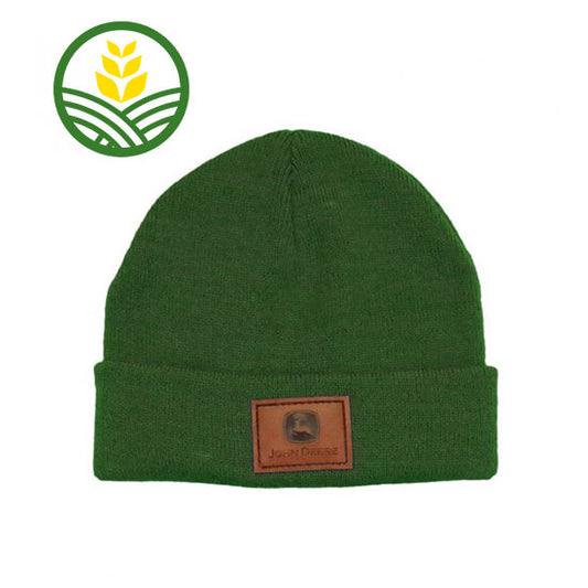 Green Kids Beanie Hat with a Brown Faux Leather Patch With the John Deere logo.