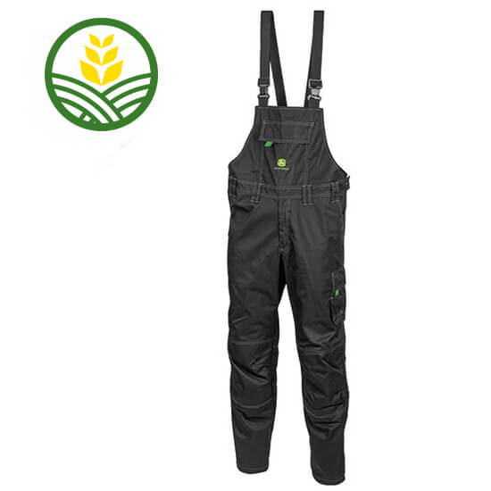 Black John Deere bib & brace overalls, with elastic waist and several practical pockets. They have black elastic braces.