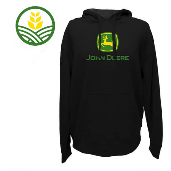 Black fleece hooded sweatshirt with the green and yellow John Deere logo printed on the front.