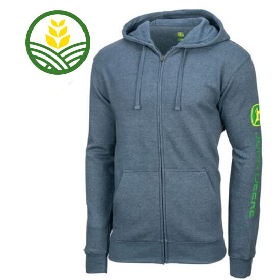 Blue hoodie with zip up centre and John Deere logo along the sleeve. 