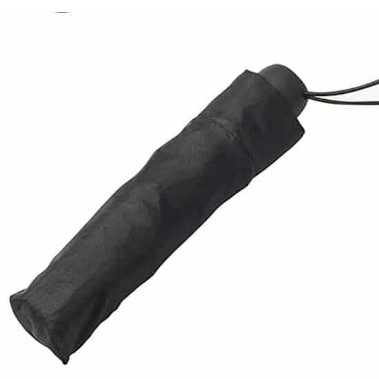 Small black umbrella folded up with cover on.