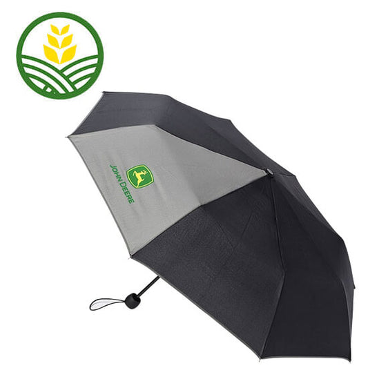 Small pocket umbrella all black with one grey segment and the John Deere logo printed on the side.