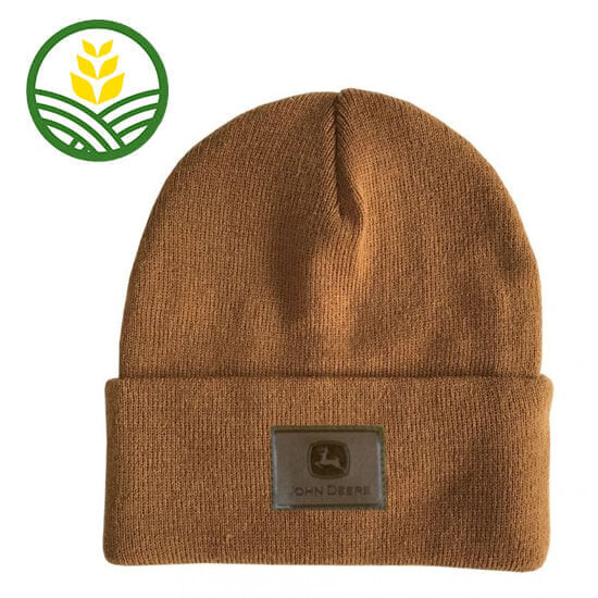 Brown Adults Beanie Hat with a Faux Leather Patch With the John Deere logo.