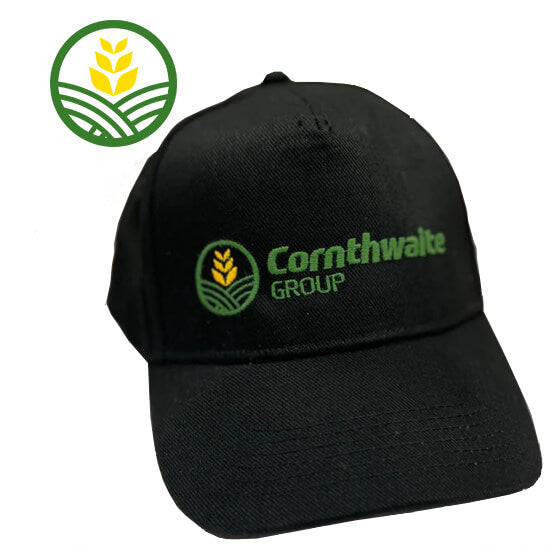 Front view of a black baseball cap with the green and yellow Cornthwaite Group logo embroidered on the front