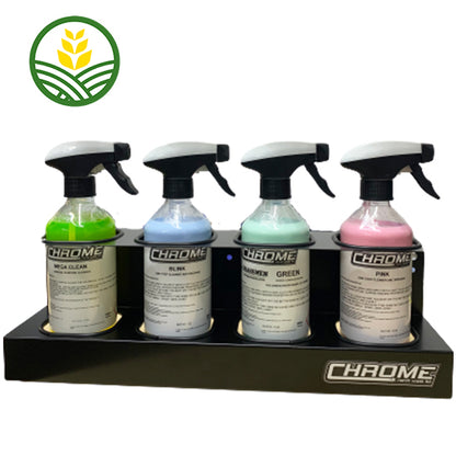 Chrome Cleaning Black Bottle Holder holding 4 Chrome Cleaning Sprays