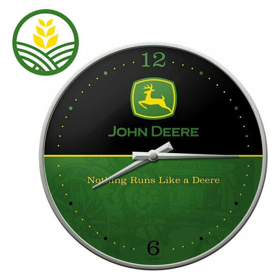 A green and black wall clock, The clock face is decorated with the trademark John Deere logo and the slogan 'Nothing Runs Like a Deere'.