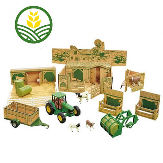 Farmyard setup that all comes in a box. Includes John Deere tractor and loader, trailer, barns, hay bales animal pens and cows.