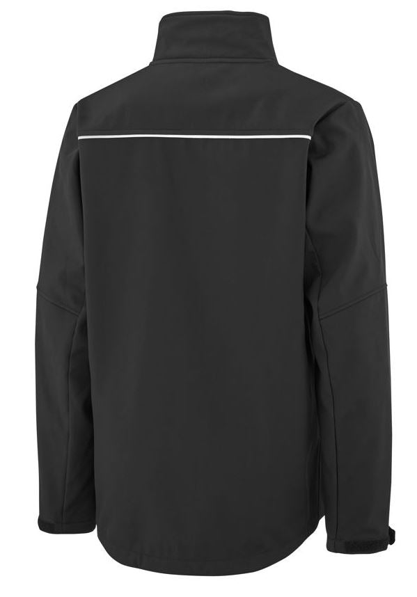 Back of black John Deere softshell jacket with a hi vis strip.