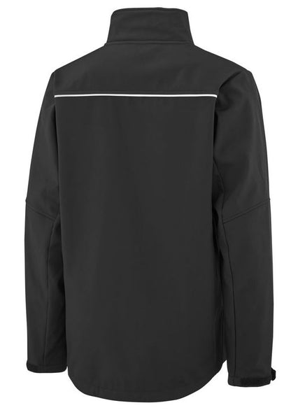 Back of black John Deere softshell jacket with a hi vis strip.