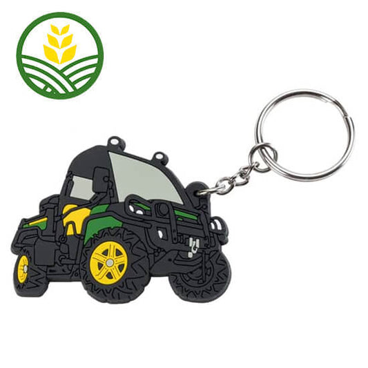 A PVC keyring in the shape of a John Deere gator with metal hook attachement.