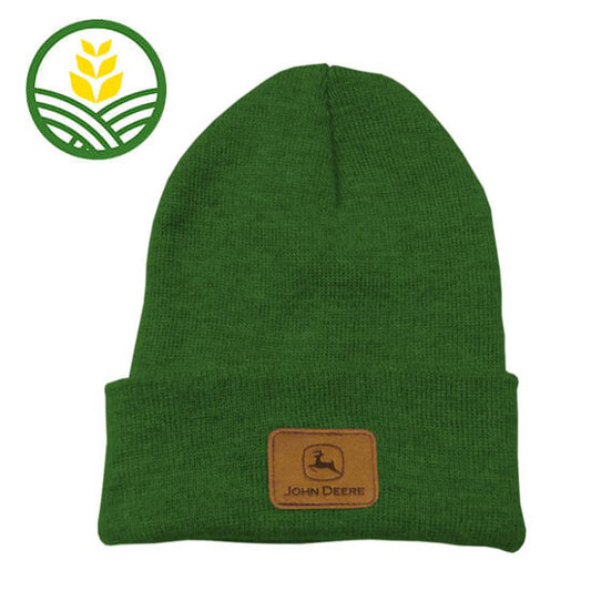 Green Adults Beanie Hat with a Brown Faux Leather Patch With the John Deere logo.