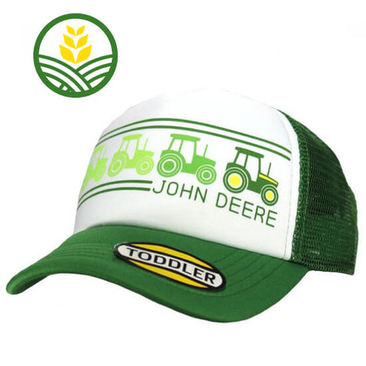 Kids green and white cap with green mesh back. John Deere tractors on the front.
