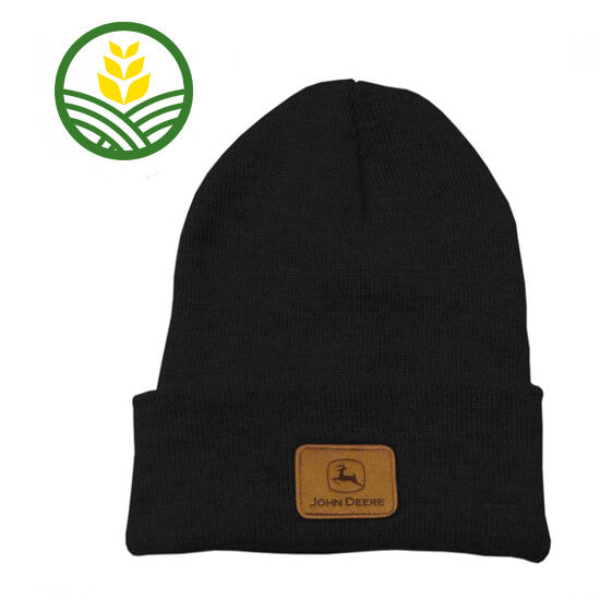 Black Adults Beanie Hat with a Brown Faux Leather Patch With the John Deere logo.