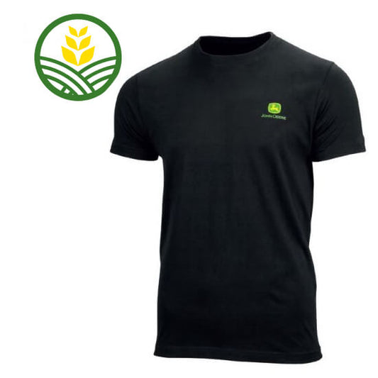 Round neck, black t-shirt with the green and yellow John Deere logo printed on left chest.