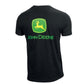 Back of black t-shirt with the trademark green and yellow John Deere logo printed on the back.