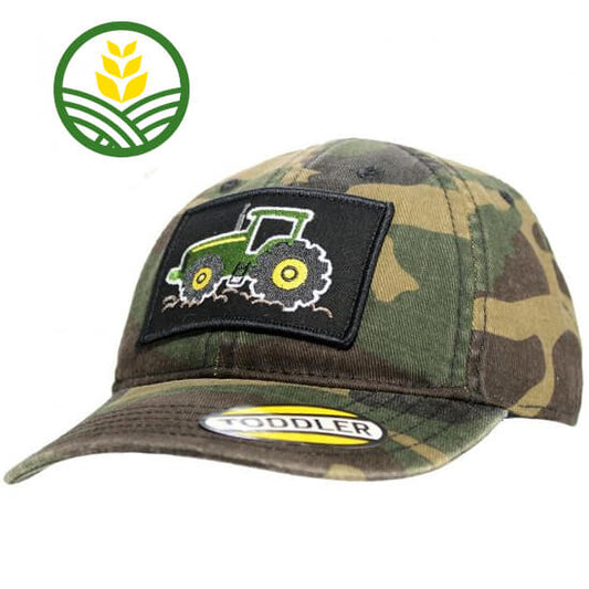 Kids John Deere Twill Camo Cap with embroidered patch logo of a John Deere tractor and adjustable snap back closure.
