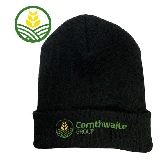 An Adults Black Beanie Hat with the Cornthwaite Group Green & Yellow Logo embroidered on the front. 