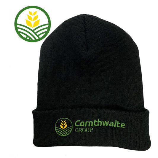 An Adults Black Beanie Hat with the Cornthwaite Group Green & Yellow Logo embroidered on the front.