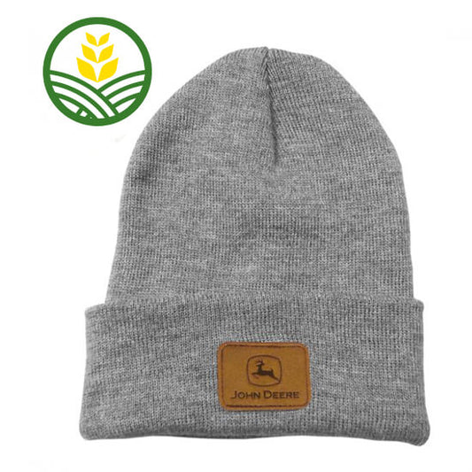 Grey Adults Beanie Hat with a Brown Faux Leather Patch With the John Deere logo.