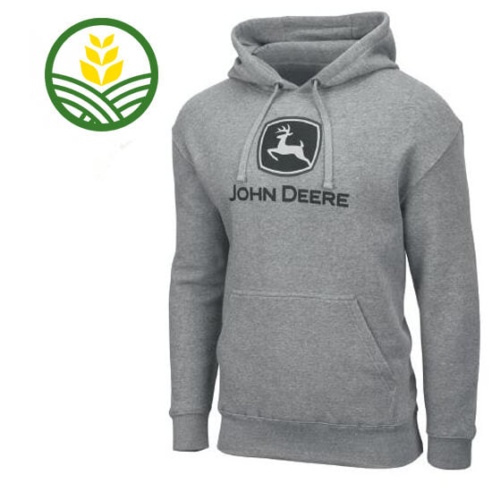 Grey fleece hoodie has a black John Deere logo printed across chest.