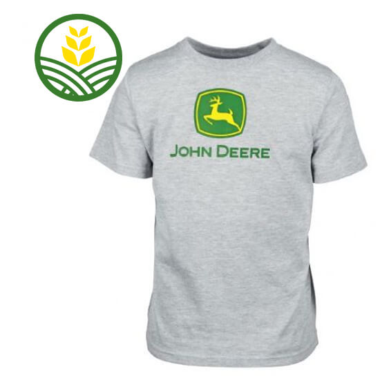 Light grey kids tshirt with John Deere green and yellow logo printed on the front
