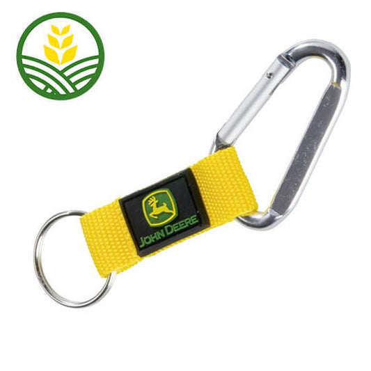 A yellow karabiner keyring with the John Deere logo on a PVC patch.