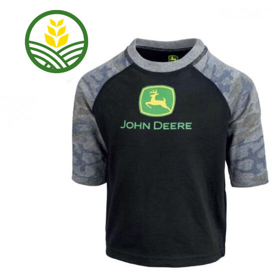 John Deere black kids tshirt with camouflage arms and John Deere green and yellow logo printed on front.