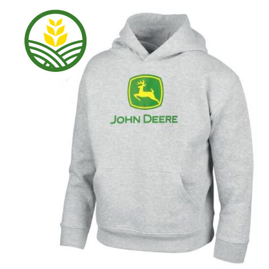Light grey kids hoodie with John Deere logo in green and yellow printed on the front