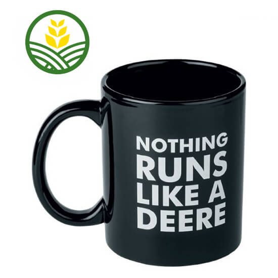 Black ceramic mug with the John Deere slogan 'Nothing Runs Like a Deere' on one side.