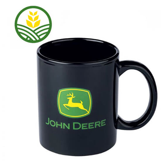 Black ceramic mug with the genuine John Deere logo in green & yellow printed on one side.