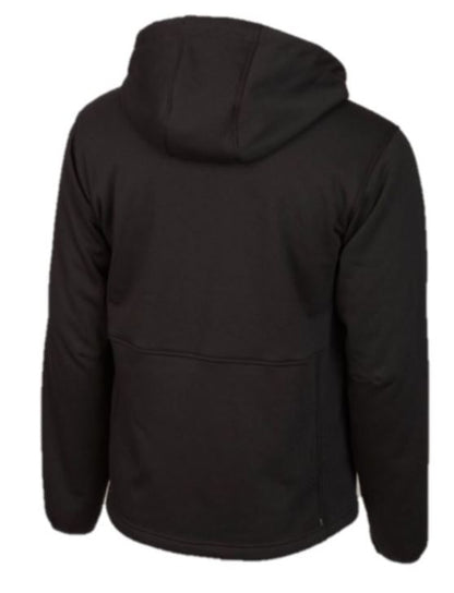 Back of a black John Deere hooded jacket.