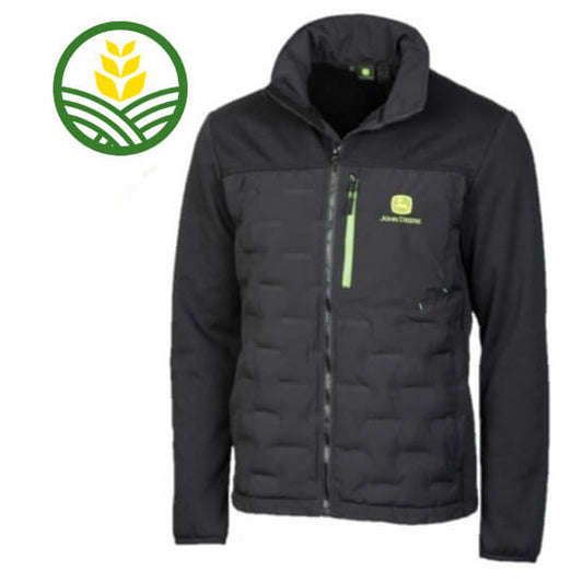 Black long sleeved jacket with padded body area and a John Deere Logo on the chest pocket.