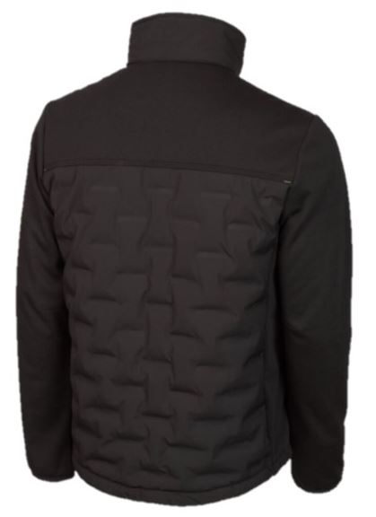 Back of black long sleeved jacket with padded body area.