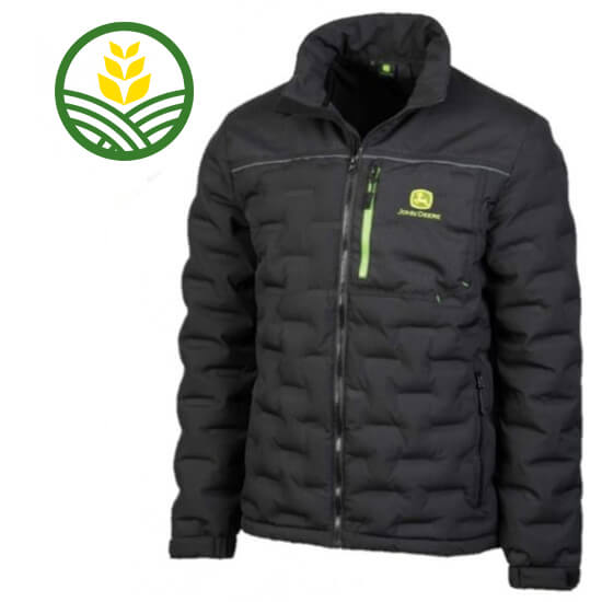 Black long sleeved, fully padded jacket with two side pockets and a chest pocket with the John Deere logo on.