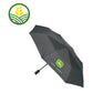 Small black umbrella with yellow and green John Deere logoo.