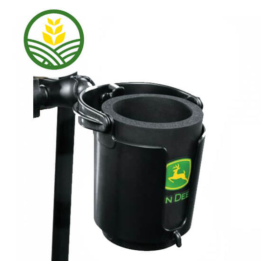 Black cup holder for tractor cab with strong foam insert  that has the John Deere logo on..
