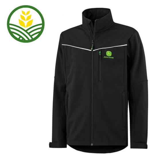 Black long sleeved soft shell jacket with hi vis strip, two side pockets and a chest pocket with the John Deere logo on.