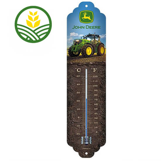 John Deere thermometer with 8R tractor on the front and Celsius and Fahrenheit numbers. 